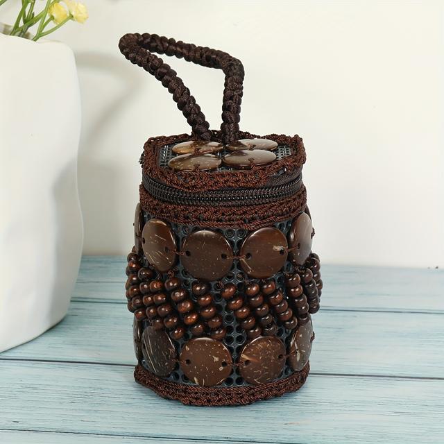 TEMU New Ethnic Vintage Handmade Wooden Coconut Shell Women's Handbag, Fashionable And Versatile, Suitable For Casual Wear, Travel, And Other Occasions