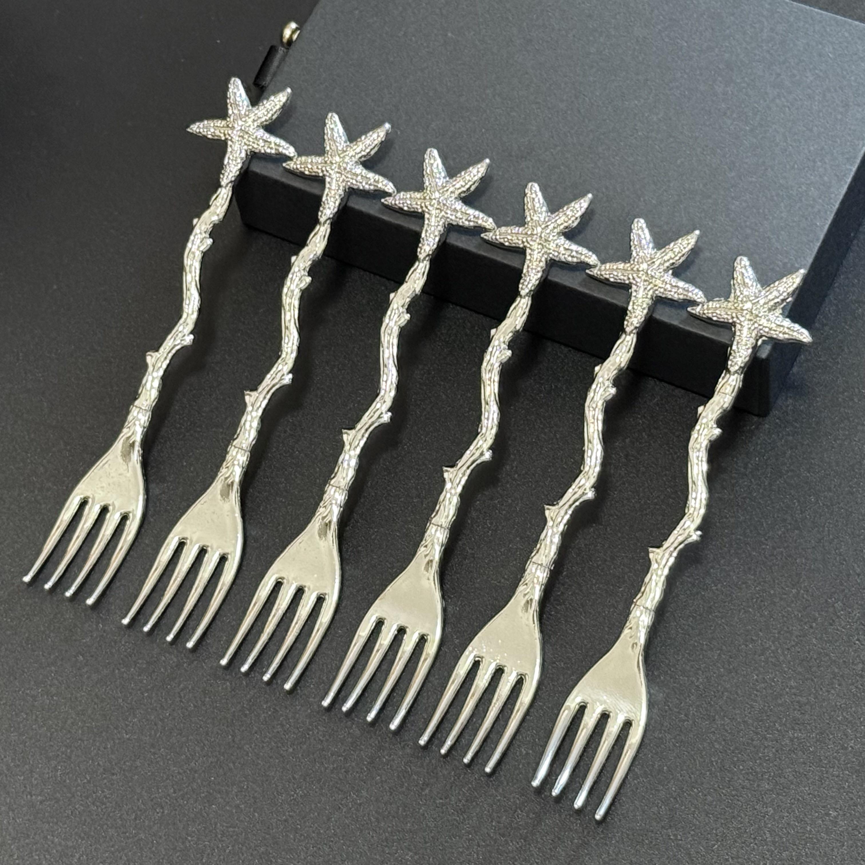 TEMU "seaside " 6pcs Silvery Starfish Salad Fork Set - Ideal For Coastal Gatherings Tableware