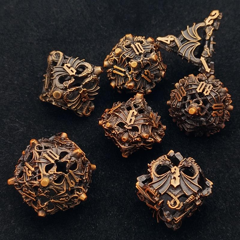 TEMU 7pcs Metal Hollow Skeleton And Dragon Dice, Dark Series Style Dice, Dnd Rpg Board Game Dice, Cthulhu Game Dice