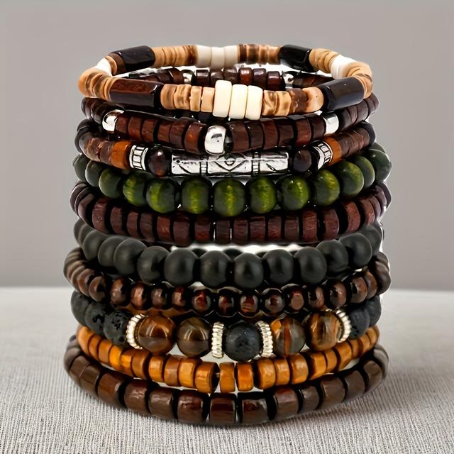 TEMU 10pcs Men's Tiger Eye Bead Bracelet - - Eyeball Design With Wood Beads & Synthetic Tiger Eye Gemstones, April Birthstone Gift For Daily Wear, Parties, Christmas/holiday () - Durable