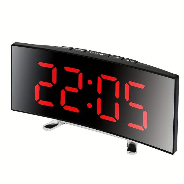 TEMU Modern Led Mirror Clock With Curved Display - Silent Digital Alarm Clock, Adjustable Brightness, Or Batteries (batteries Not Included), Made Of Abs Material - A For Home Decor