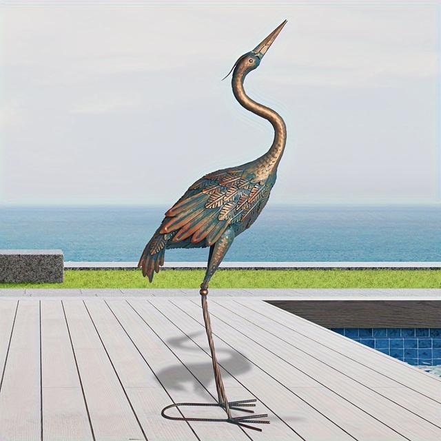 TEMU Vintage Copper Crane Garden Statue | Rustic Heron Sculpture For Yard, Pond, Lawn, Backyard, Pool - Decorations, Thanksgiving Theme, Cya-decor