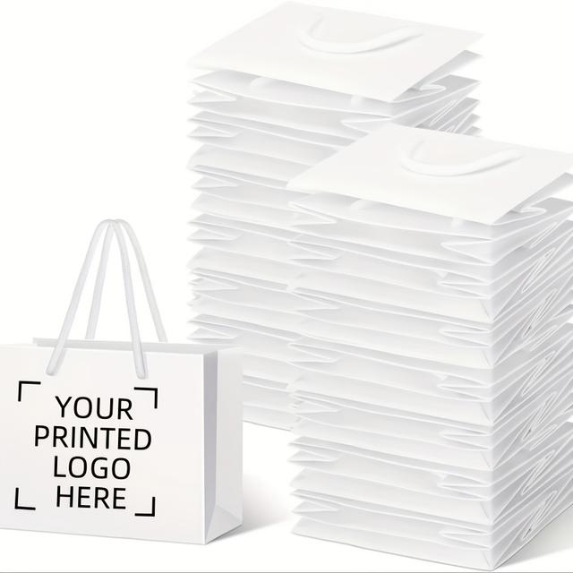 TEMU Anpassbare Weiße Kraftpapier-Geschenktüten - Personalisierter Logodruck, Stabiles Faltdesign für Firmenveranstaltungen, Hochzeiten & Taufen – Großpackung mit Griffen zum Verpacken und Verschicken