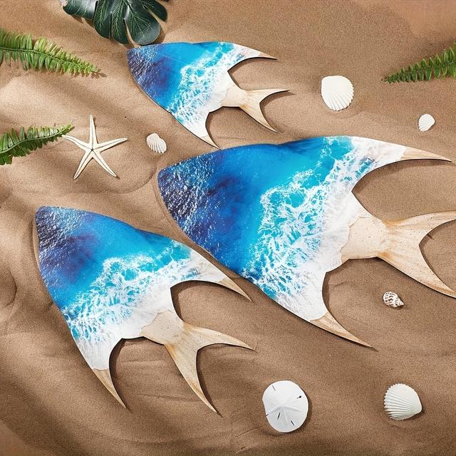 TEMU 3pcs Blue Wooden Fish Wall Art - Coastal Ocean-themed Decor, Suitable For Homes, Pools, And Patios.