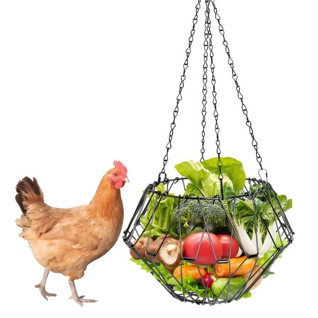 TEMU Adjustable Metal Chicken Feeder - 6.5" Hanging Vegetable & Fruit Dispenser With 4 Chains For Coop, No Battery Needed