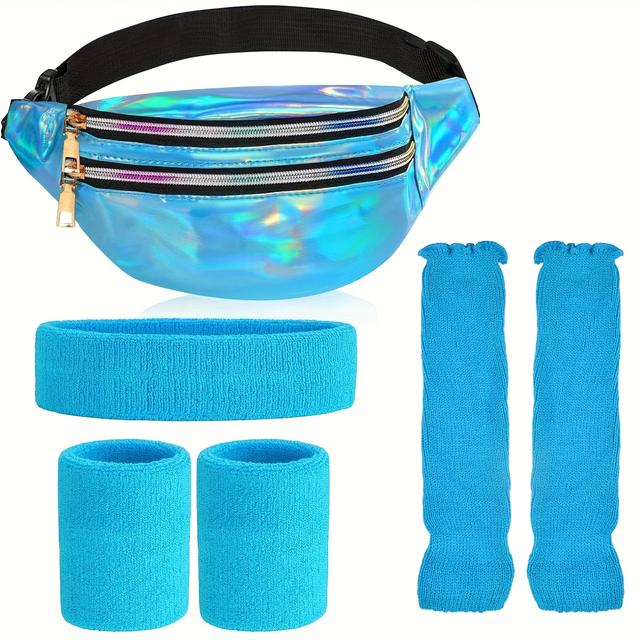 TEMU Set mit 6 Retro 80er Outfits, inklusive glänzender Gürteltasche, Strick-, Stirnband und Handgelenkband, für Tanzpartys, Themenveranstaltungen, Halloween und Weihnachtsfeiern