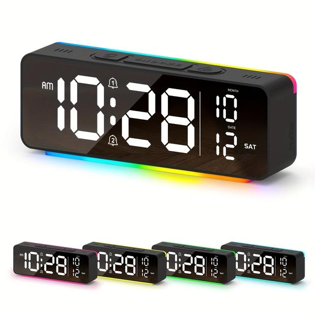 TEMU 1pc Smouping Digital Alarm Clock | Heavy Sleepers, Desk Clock With Colorful Ambient Light, Brightness Adjustment, Large Display, Rgb Night Light, Dimmable, Dual Alarms, Usb Powered