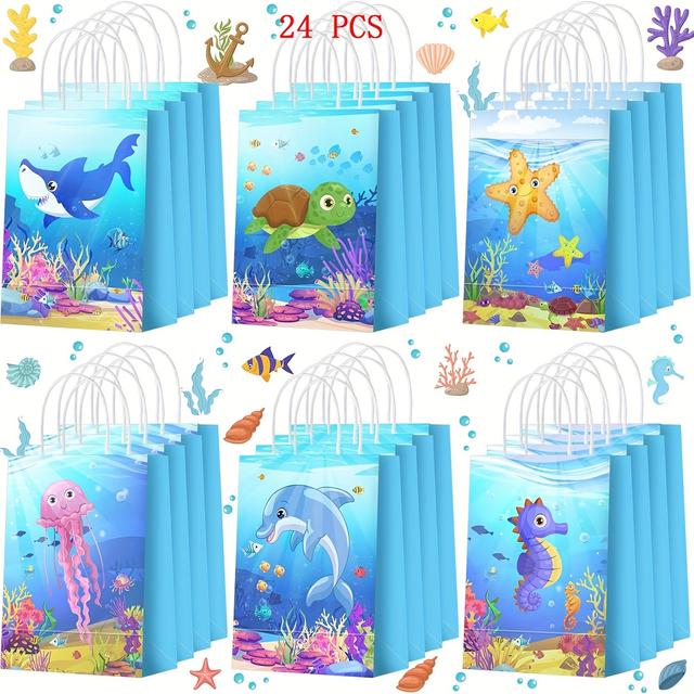 TEMU 24pcs Of Ocean-themed Party Favor Bags Featuring Sea Animals, Perfect For Decorations And Gifts At A Marine Party.