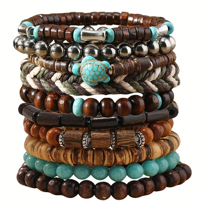 TEMU طقم أساور منسوجة يدويًا من 10 قطع على الطراز البوهيمي العصري، بخرز خشبي صغير على شكل سلحفاة وجناح دجاجة وحجر ، بتصميم سلحفاة وجناح دجاجة، هدية للكريسماس، هدية للهالوين، هدية للعام الجديد