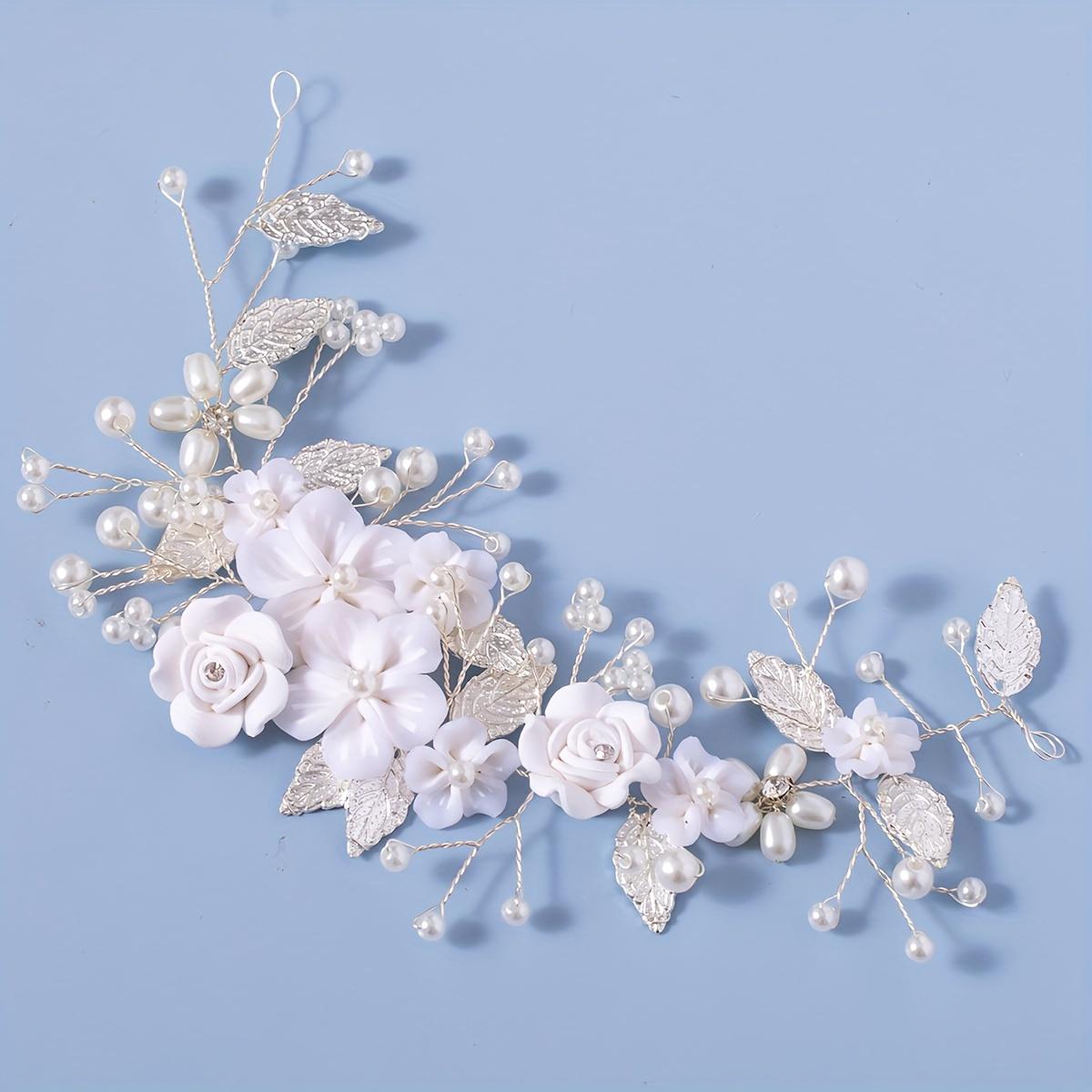 TEMU A Single Flower Hair Vine For Brides, With Pearls And Leaves, Featuring A Rhinestone Headband Suitable For Women And