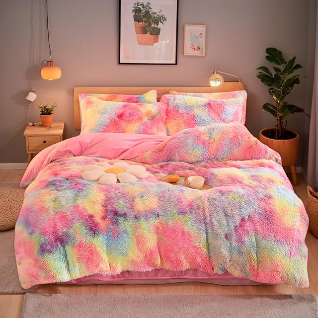 TEMU Shaggy Fluffy Duvet Cover Set, Luxury Ultra Soft Crystal Rainbow Velvet Girls Bedding Set, Fur Tie Dye Quilt Cover With Pillow Shams, Zipper Closure(queen, Pink)