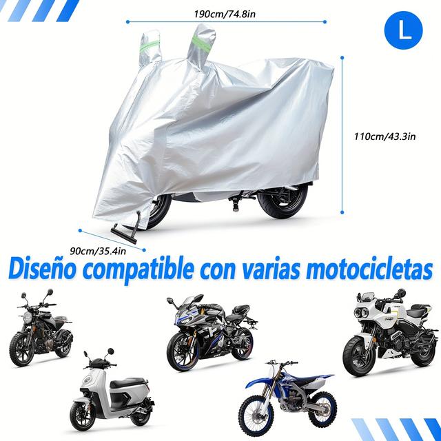 TEMU Funda Impermeable para Motocicletas con Bandas Reflectantes, y Protección de Espejo, Resistente a los Rayos UV, Compatible con Marcas como , Yamaha, , entre otras. (Plateado)