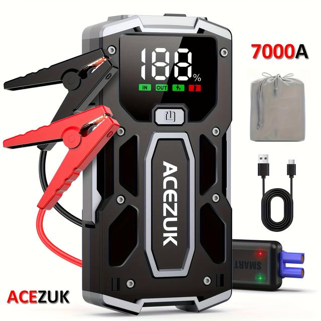 TEMU Autostarter mit Powerbank & LED-Taschenlampen, 7000A Batterie-Booster, 12V Starthilfe für 8.0L Benzin- oder 7.0L Diesel-Fahrzeuge mit Smart-Kabeln