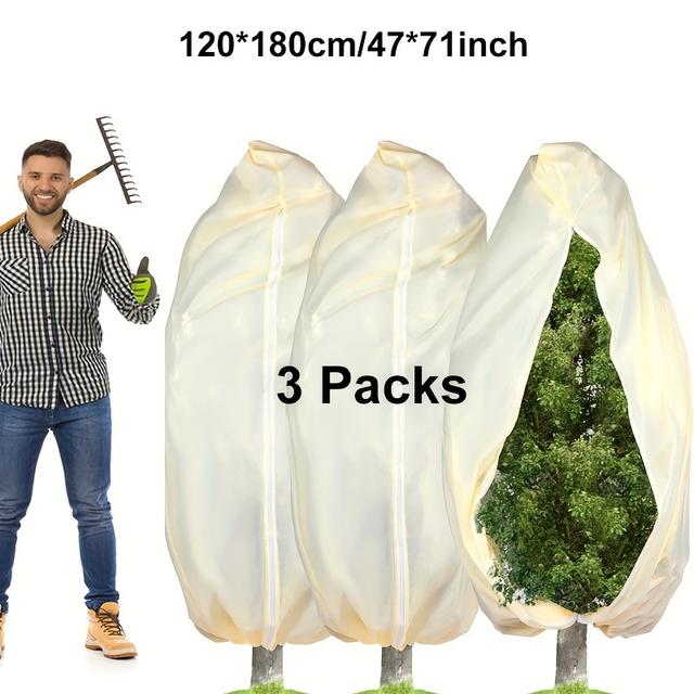 TEMU 3er-Set Beige Pflanzen-Frostschutzabdeckungen mit Reißverschluss & Kordelzug - Winterfrostdecken für Außenpflanzen, Sträucher | Strapazierfähiges PP-Material