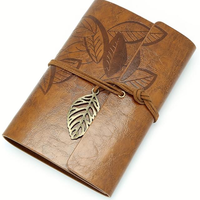 TEMU Vintage Leaf Design Leather Journal - Blank Paper Notebook For &