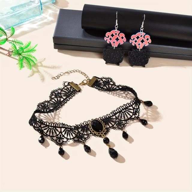 TEMU Elegant Gothic Vintage Jewelry Set - Black Lace Hollow Tattoo Choker Necklace & Water Drop Dangle Earrings With Resin Accents, Ideal For Halloween & Party Wear, Gothic Jewelry