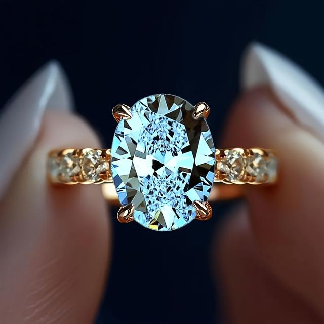 TEMU 18K Zlatem Pokovený Minimalistický Klasický Styl Měděný Prsten s Modrým Oválným Syntetickým Zirkonem pro Ženy, Vhodný na Svatební Večírky a Bankety, Romantický Zásnubní a Svatební Prsten