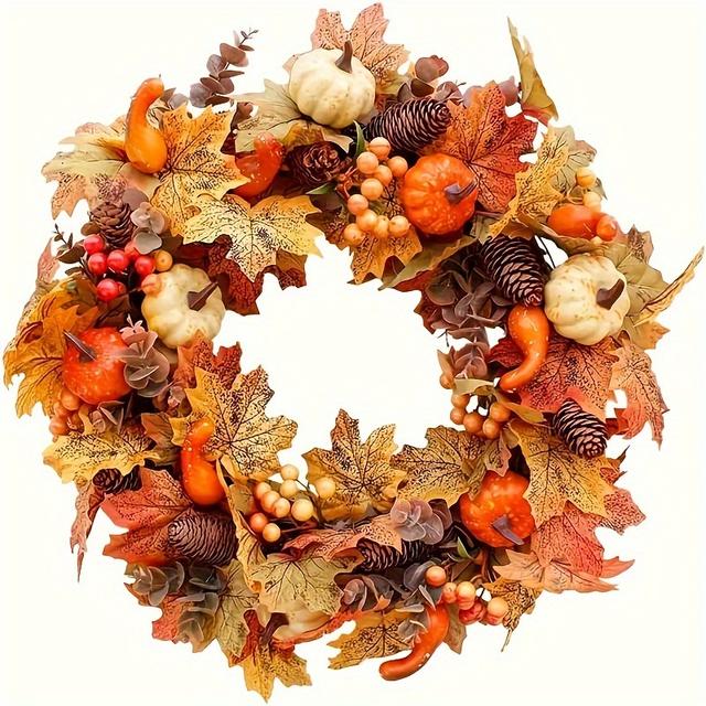 TEMU 20" Wreath - Thanksgiving & Halloween Decor With Pumpkins, Berries, & Pine Cones - Artificial Farmhouse Front Door Decoration For Indoor/outdoor Use