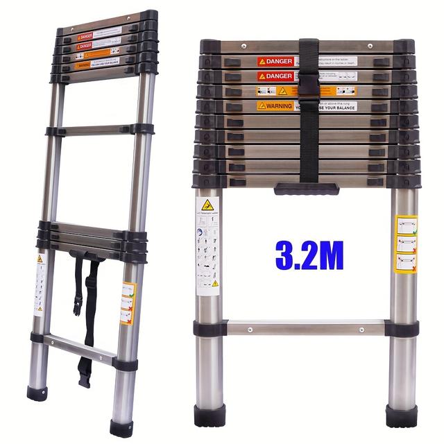 TEMU 10.5ft Edelstahl Teleskopleiter mit Rutschfesten Füßen - Langlebig, Hochfest, Mehrzweck-Faltleiter für Wohnmobile, Dächer & Häuser