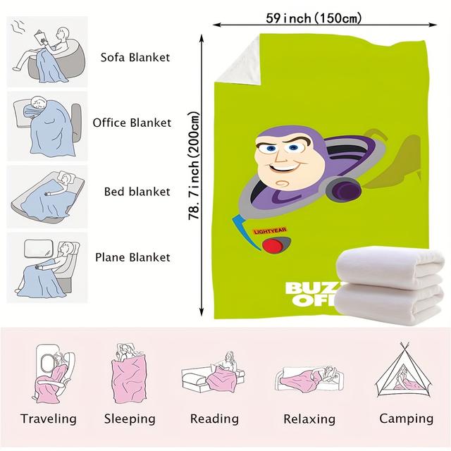 TEMU Lightyear Cartoon Print Plush Throw Blanket, Contemporary Style, , Knitted Polyester, 200-250g Weight, With Multipurpose Comfort Warmth For Office, Living Room, Bedroom