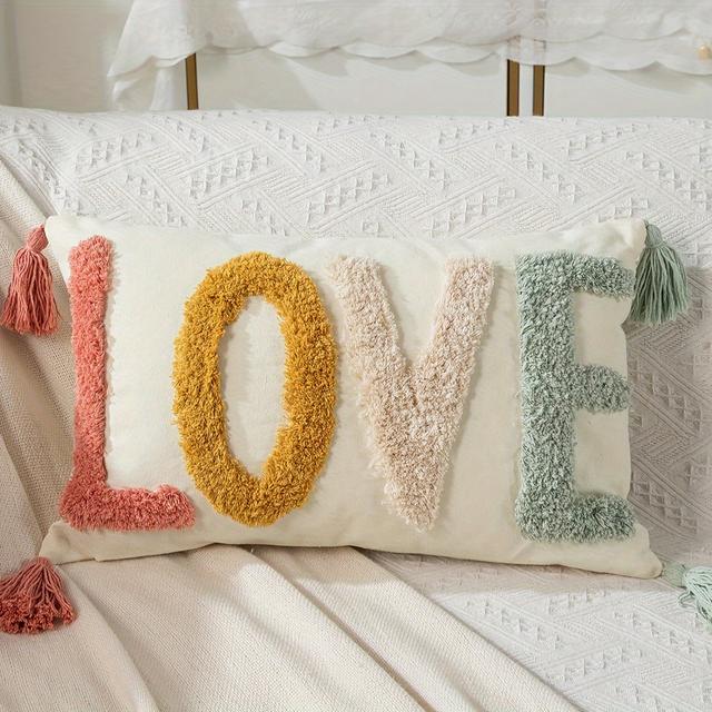 TEMU Vibrant Love Text Canvas Tufted Throw Pillow Cover - Colorful, Hypoallergenic Cushion Case With Zipper Closure For Sofa & Bed Decor, Contemporary Style, Hand Wash Only, Decorative Pillows