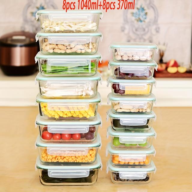 TEMU 16pcs Microwave-safe Glass Containers | 8pcs 1040ml + 8pcs 370ml Prep Containers With Lids,, Dishwasher Safe, Storage, Large-capacity, Portable Lunch Box Set, Ideal For Holiday Living