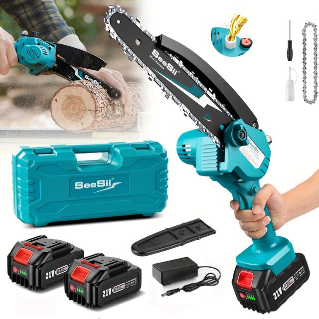 TEMU Seesii 8 Inch Cordless Chainsaw, Electric Chainsaw With Auto Oiler, 2pcs 4000mah Batteries, Battery Powered Saws Handheld Chain Saw For Tree Branch Wood Cutting