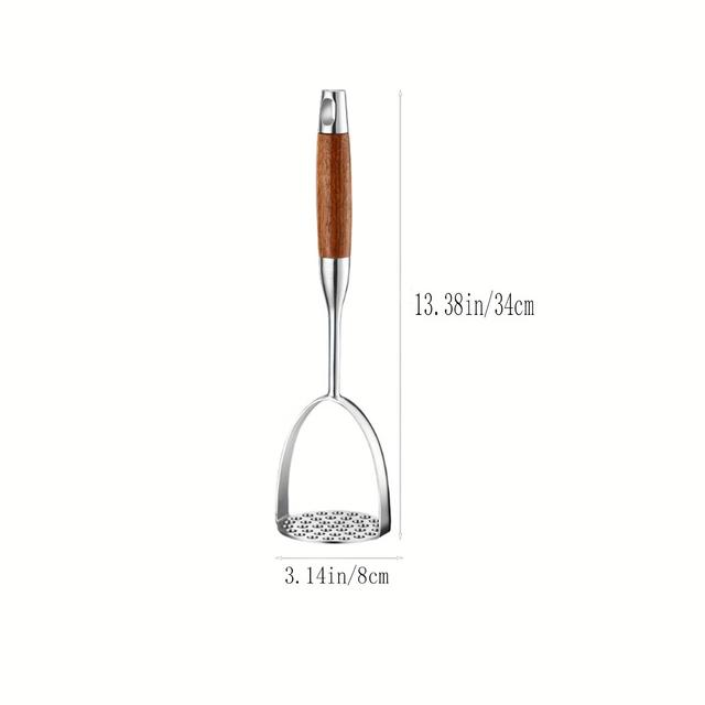 TEMU Stainless Steel Potato Masher Manual Hand Press - Comfort Grip Handle With Wooden Detail, Versatile Kitchen Tool For Mashing Potatoes & Juicing Citrus Fruits