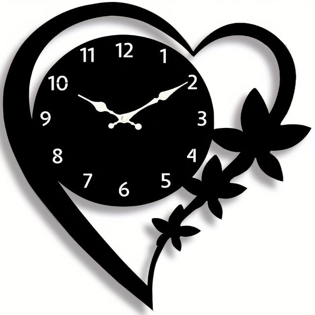 TEMU 1개, 검정색 하트 모양 무테 아크릴 벽시계 (숫자 및 꽃무늬 디자인), 배터리 구동식 (AA 배터리 별도 구매 필요) - 거실, 침실, 주방, 사무실용—어머니날, 생일, 새해 선물 추천