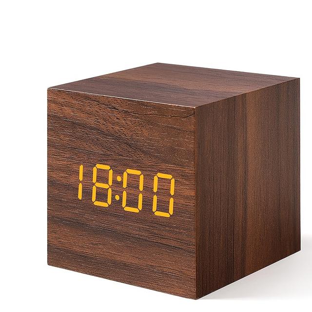 TEMU Mini Digital Clock With Date & Temperature Display, Sound Alarm & Voice Sensing Suitable For Bedside, Usb- Or - (3 Aaa/-), Adjustable Brightness, Compact Square Wood Alarm Clock For Office