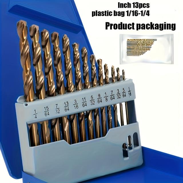 TEMU 13pcs M35 Steel Cobalt Drill Bit Set, Round Shank Design, Durable And Efficient, Suitable For Stainless Steel, Cast Iron, Wood, And Plastic, Precise Size , Ideal Metalworking Tool