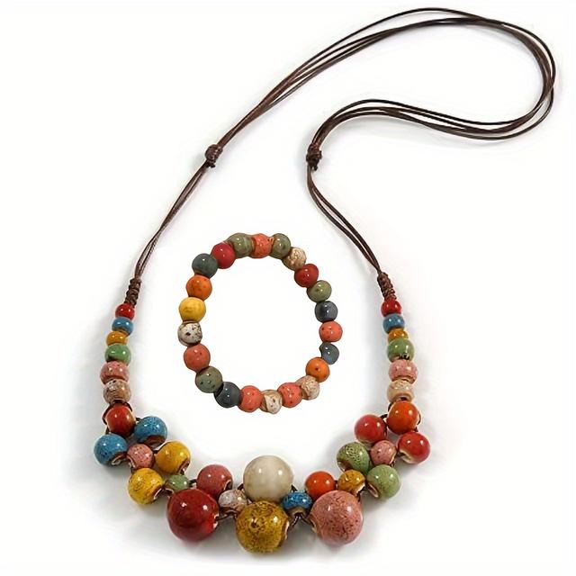 TEMU Set Of 2 Necklaces, Featuring Multicolored Ceramic Beads On A Brown Cord, Adjustable From 60 Cm, Stylish Handmade Braided Necklace With Colorful Dopamine Beads