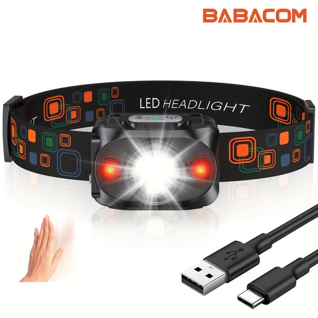 TEMU Babacom Rechargeable Head Torch, With Motion Sensor, 6 Lighting , 2000mah Battery For Long , Ideal For Camping, Fishing, Hiking, Night Running