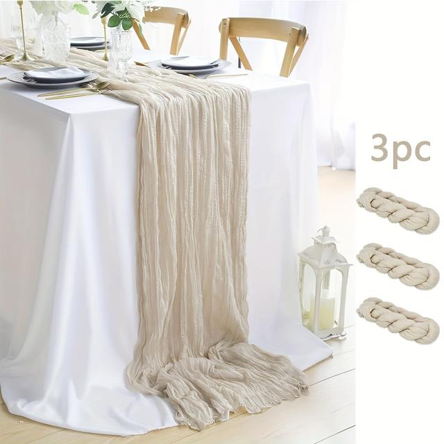TEMU 3pcs Beige Cheese Cloth Table Runner Set, Bohemian Gauze Fabric Napkins For Wedding Birthday Kids Shower Party Decor
