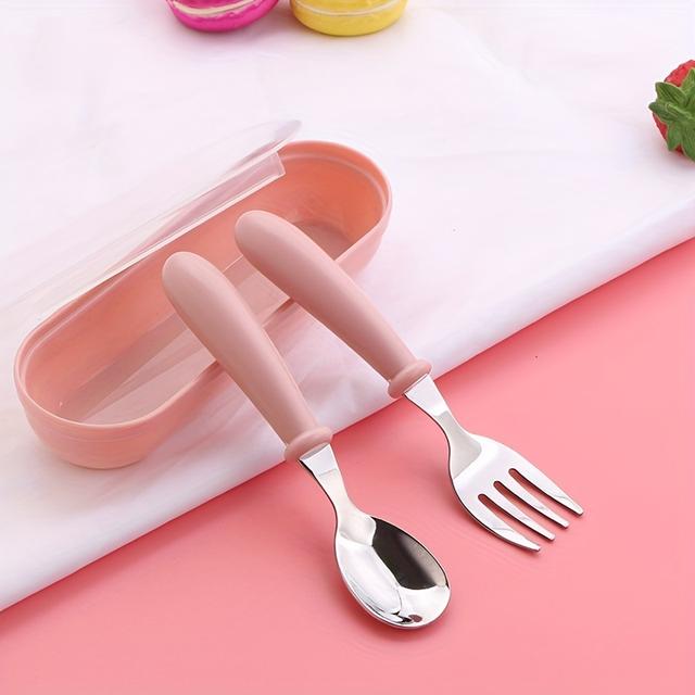 TEMU 2pcs Cute Cartoon Stainless Steel Cutlery Set With Round Handles - Portable Combo For School, Outdoor Use - Perfect Birthday Gift