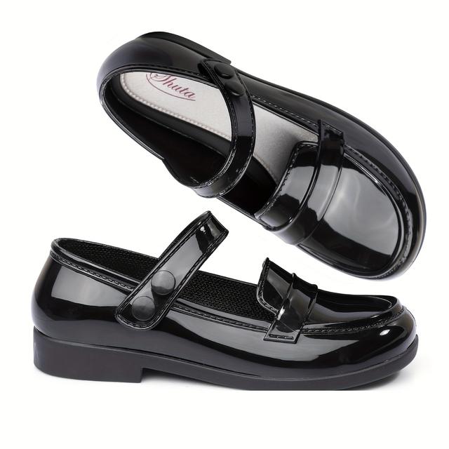 TEMU Fashionable Black Shoes For Girls - School Footwear, Rubber Slip-on Student Shoes With Round Toe And Low Heel, Glossy Sandals For Young Ladies St-667