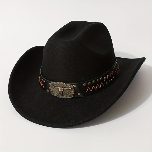 TEMU Women's Western Cowboy Hat With Wide Copper & Buckle - Lightweight Black Wide-brimmed Cowgirl Hat For Rodeo, Parties, Ranch - Unisex-friendly Durable Felt-like (no Maintenance)