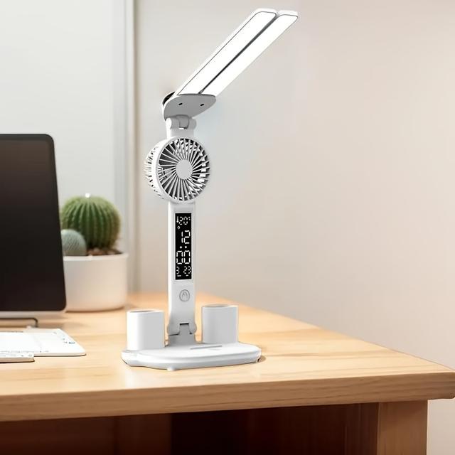 TEMU 2-head Led Reading Desk Lamp - 3 , Usb Powered With Summer Mini Fan, Adjustable Angle, Suitable For Reading, Study, Piano, Display, Office