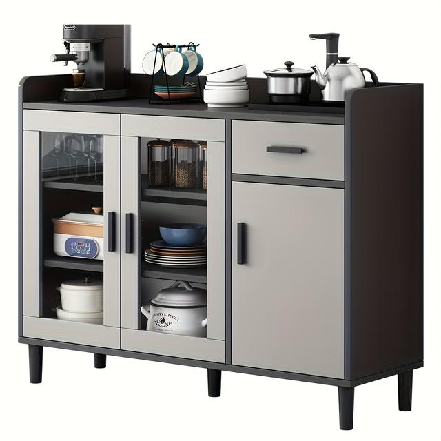 TEMU Modern Minimalist Multifunctional Kitchen Storage Cabinet & Sideboard - Space-saving Organizer With 2 Drawers, 2 Shelves, And Open Wire Mesh Shelves, Black, Cabinet Storage, , Sturdy Construction