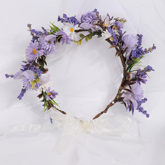 TEMU Chic Handmade Daisy Flower Crown - Polyester, Feather-free, Weddings & Festivals