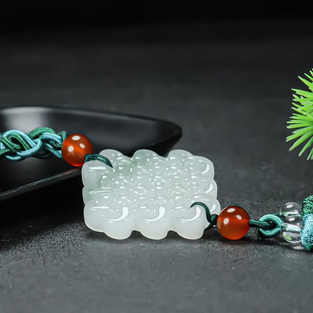 TEMU Handcrafted Jade Pendant With Green Tassel And Red Beads - Car Interior Decoration