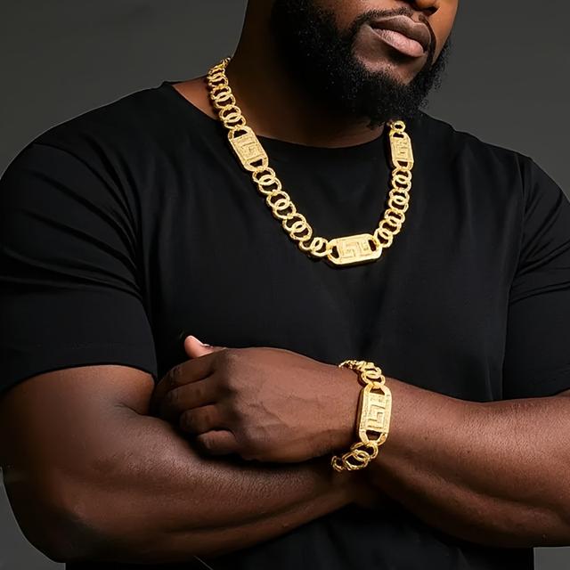 TEMU Classic Hip-hop 2pcs Bracelet And Necklace Set, Fashionable For Men's Casual Attire, Perfect Accessory Gift For Valentine's Day, Christmas, Ramadan