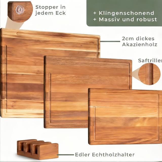 TEMU Set Of 3 Solid Acacia Chopping Boards (40 X 30cm/ 33 X 24cm/ 26 X 18cm), With Board Stand, 2cm Thick Wooden Boards With Juice , Designer Chopping Board Set