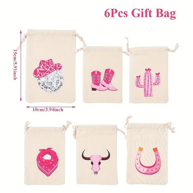 TEMU 6pcs Pink Disco Cowboy Theme Drawstring Gift Bags - Polyester Party Favor Packs With Fun Western Designs For Birthdays, Celebrations & Cowboy-themed Events, Cowboy Accessories