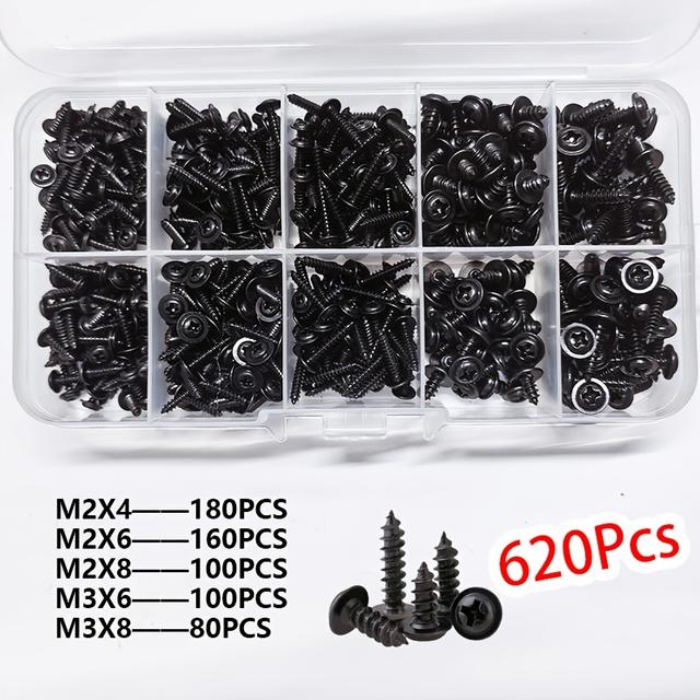 TEMU 620 darabos M2-es önmetsző csavar készlet különböző méretekben, fekete-fehér kis pan és kerek fejekkel, ideális és elektronikai javításokhoz