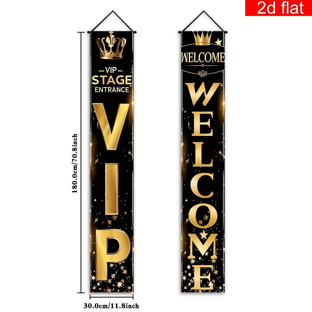 TEMU 2d Flat Banner, 1 Pair, Vip Stage Special Entrance Passage Porch Sign Banner, Polyester, Black And Golden Stars, Crown Pattern Is Suitable For Events, Performances, Parties And Other Occasions