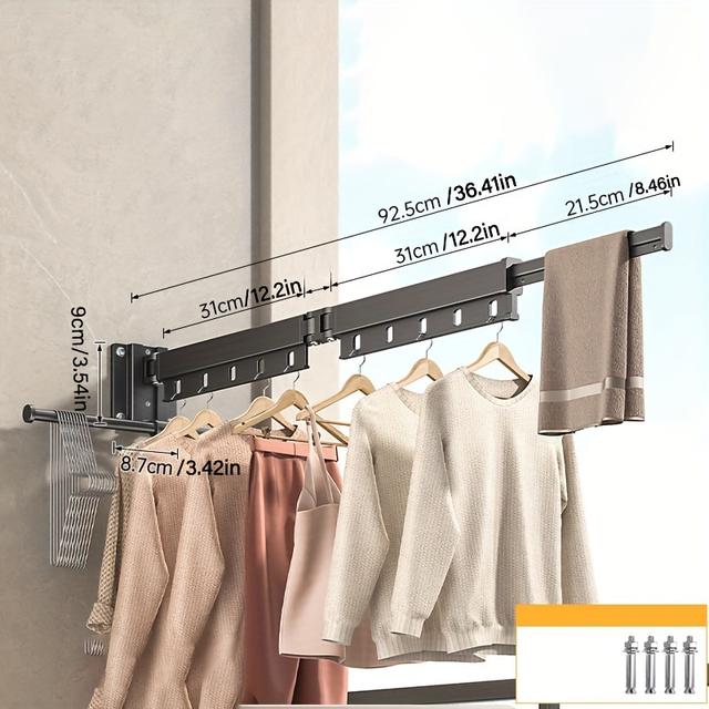 TEMU Space-saving Wall-mounted Folding Hanger - Extendable & Rotatable 540°, Metal Laundry Accessory For Balcony & Window Sills, Drying Racks