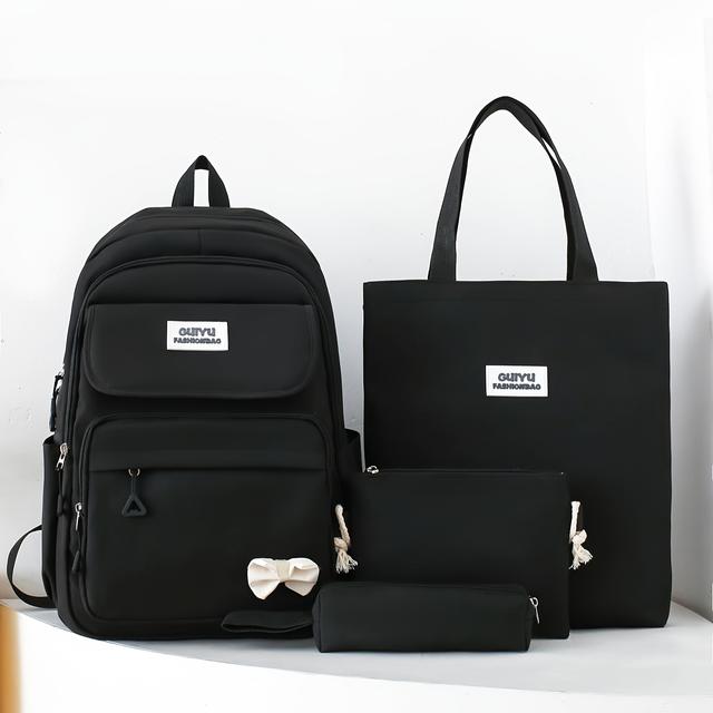 TEMU Preppy Style Women's Backpack Set With Bow - Nylon Multi-piece Combo, Solid Color, Adjustable Straps, Zip Closure, Anime Themed, Hand Washable - Foldable School & Bags In Colors