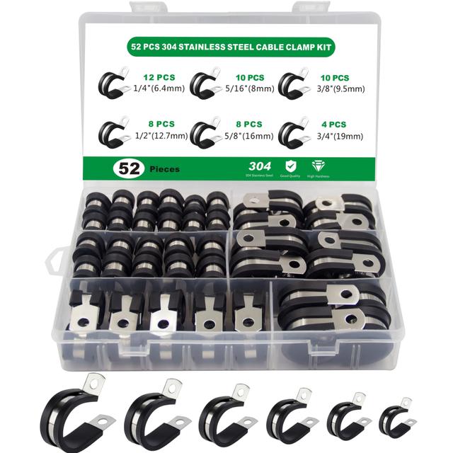 TEMU Assortment Kit Of 52 Cable Clamps, Featuring Stainless With Pads, In 6 Sizes: 1/4", 5/16", 3/8", 1/2", 5/8", And 3/4"