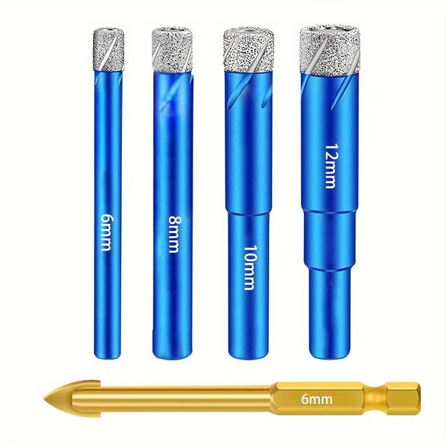 TEMU Diamond Core Drill Bits Set, 5pcs Dry Diamond Core Drill Bits Set Kit Vacuum Brazed Masonry For Porcelain Tile, Ceramic Drill Bits Set For Glass Hard Materials, Ceramic, Round Shank